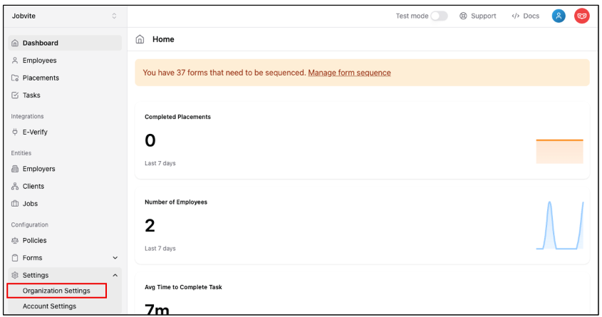 Under Settings, Click Organization Settings.