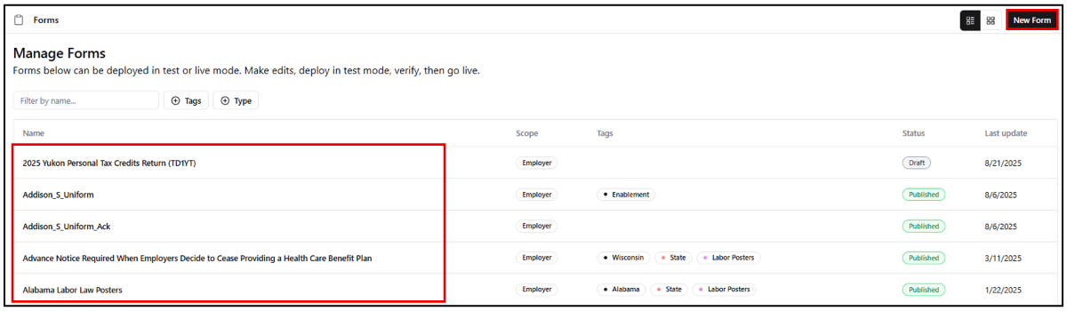 You can select an existing form or create a New Form. NOTE: For this example, we will be using an existing form.
