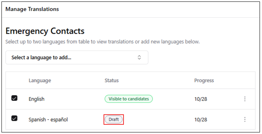 Whenever a new language is added in a form, the language will show in Draft status. Languages in draft status won't be visible to employees, as this status implies that the translation is still a work in progress.