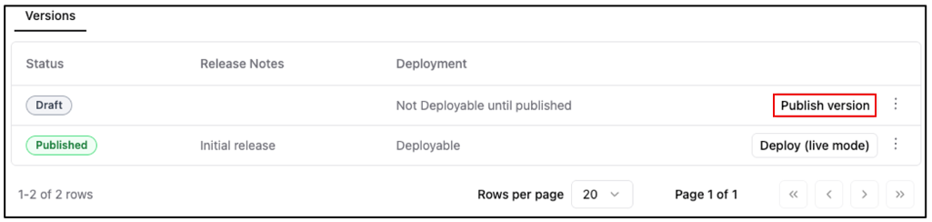 To publish the form on the Manage Forms/form name page, click Publish version.