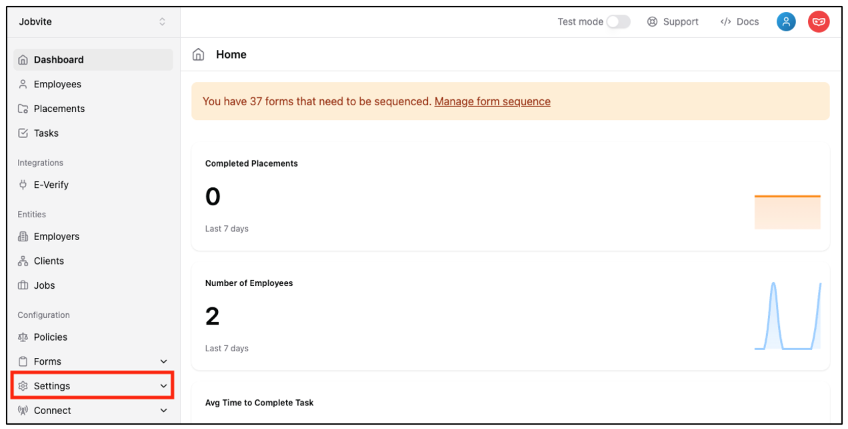 Within Onboarding, select Settings.