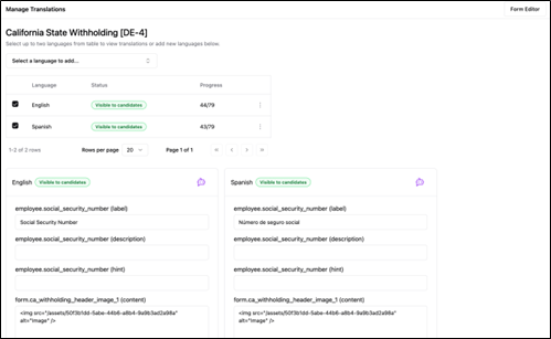 The Manage Translations page allows you to add translations for new languages, as well as edit existing translations, all in one place. NOTE: The languages you can add are limited by the supported languages in your organization's settings.