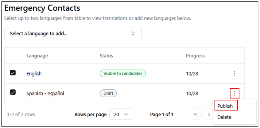 When you have completed and reviewed translations for a new language, click the menu icon and select Publish. NOTE: Every form version has a status that starts in “Draft” and goes into “Published” when the form is ready. Form languages also have a status that starts in “Draft” and goes into “Visible to candidates” when published. A key difference between form version status and language status is that a form language can still be edited after it's published, for as long as the form version remains in draft. Once a form version is published, however, all form languages are frozen regardless of whether it is published or not. To edit form translations after a version is published, deprecate the version and create a new version of it.